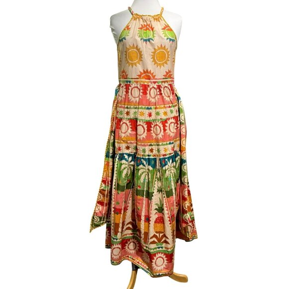 NWOT Farm Rio Rainbow Sunset Bow Maxi Halter Dress Sz XS BoHo Summer Vacation - Picture 14 of 14